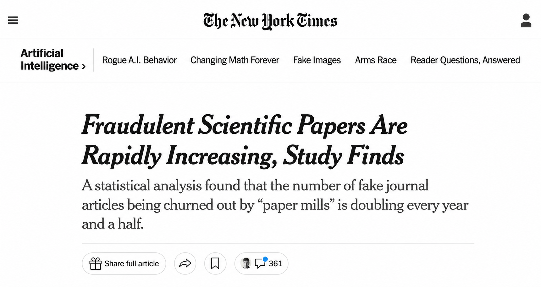 Screenshot of The New York Times online coverage of our scientific-fraud research