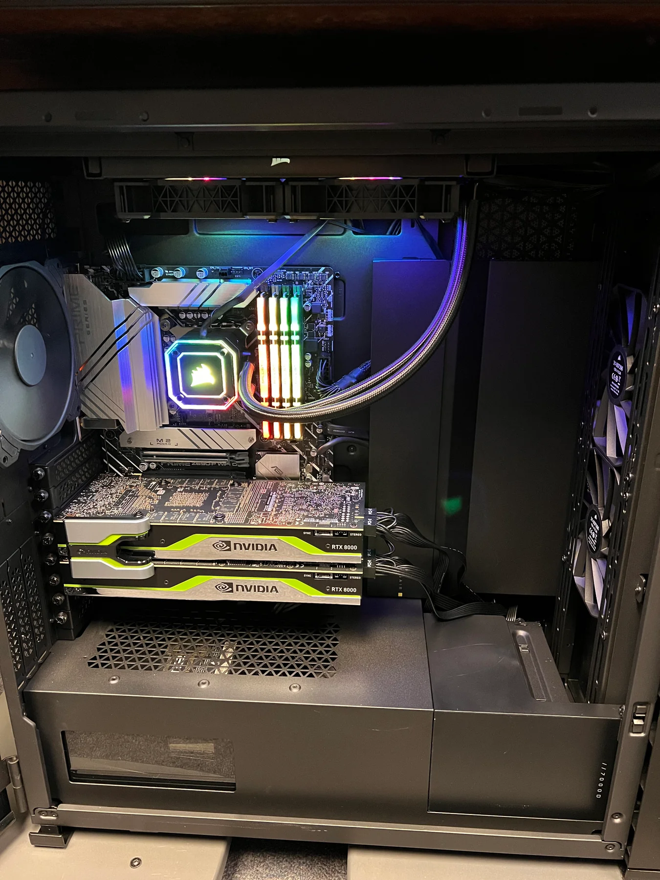 Inside the Seoul workstation, showing two NVIDIA GPUs and the cooling system